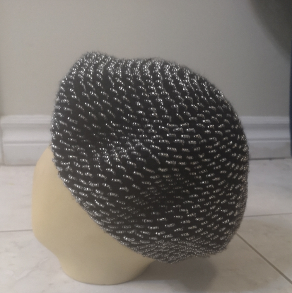 Vintage BLACK Crochet Beaded Beret